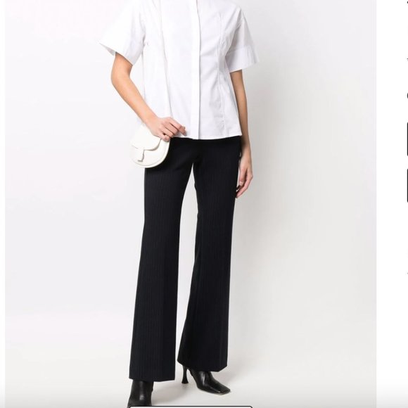 SOLD THEORY Black Pinstripe Flare Trousers Low Rise Wool Dress Pants Essential - Picture 13 of 13
